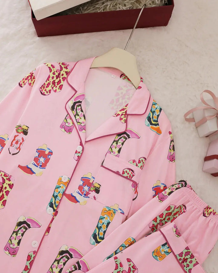 SOLACE CHICWestern Cowgirl Boots Print Pajama Set