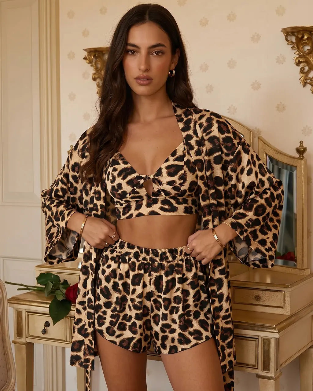 SOLACE CHICLeopard Print Strappy Crop Top And High Waist Shorts 3Pcs Pyjama Set With Matching Gown