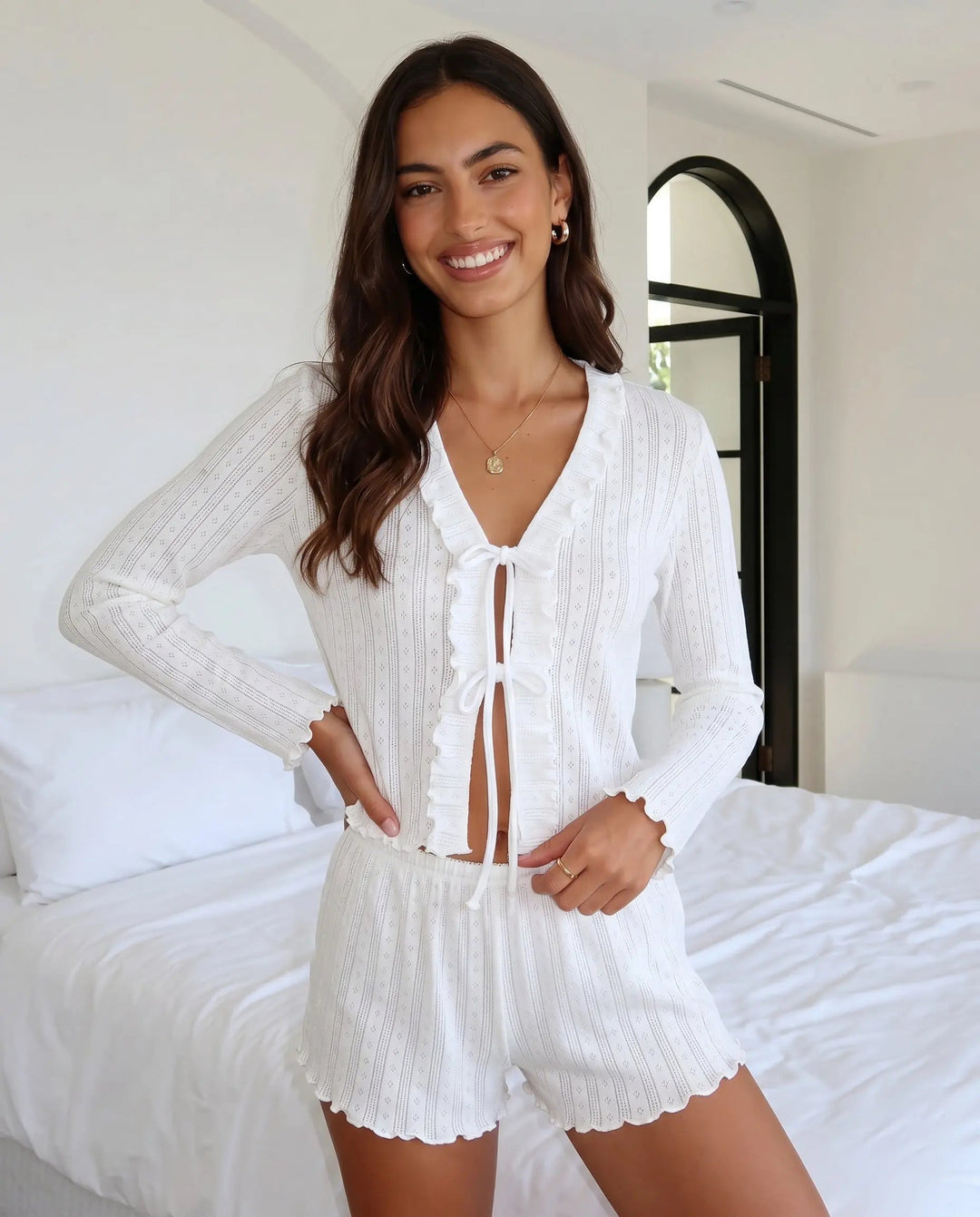 SOLACE CHICRibbed Tie Front Cropped Top And Ruffle Hem Shorts Lounge Set
