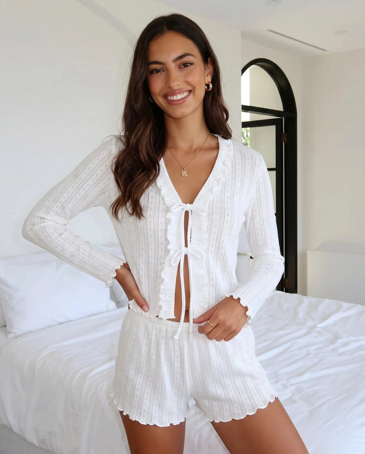 SOLACE CHICRibbed Tie Front Cropped Top And Ruffle Hem Shorts Lounge Set