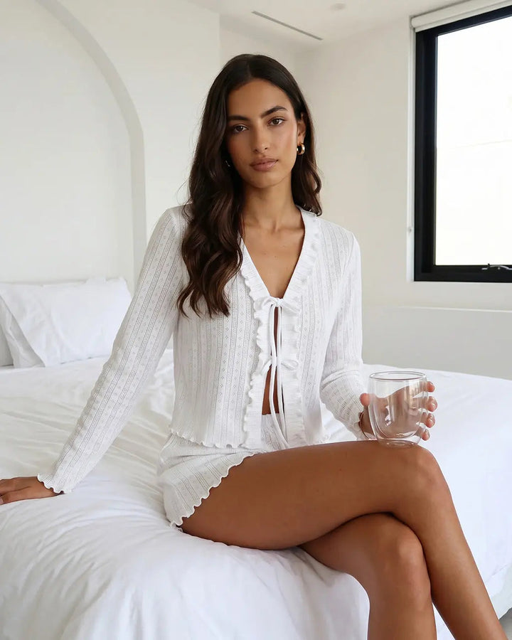 SOLACE CHICRibbed Tie Front Cropped Top And Ruffle Hem Shorts Lounge Set