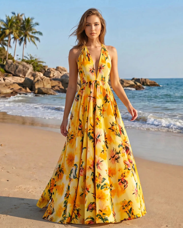 SOLACEYellow Floral Print Halter V Neck A-Line Maxi Dress