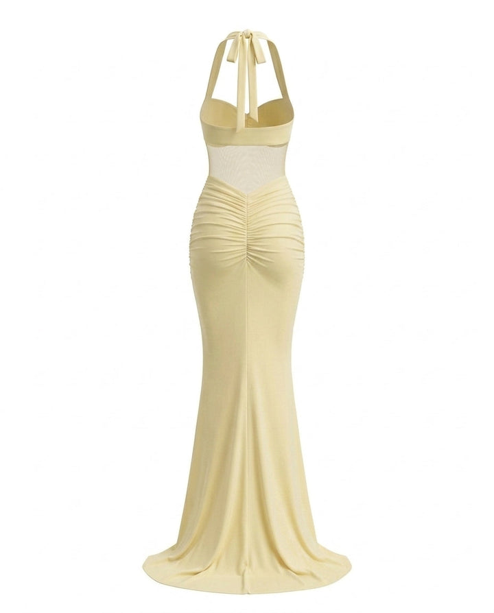 SOLACEYellow Halter Mesh Ruched Bodycon Maxi Dress
