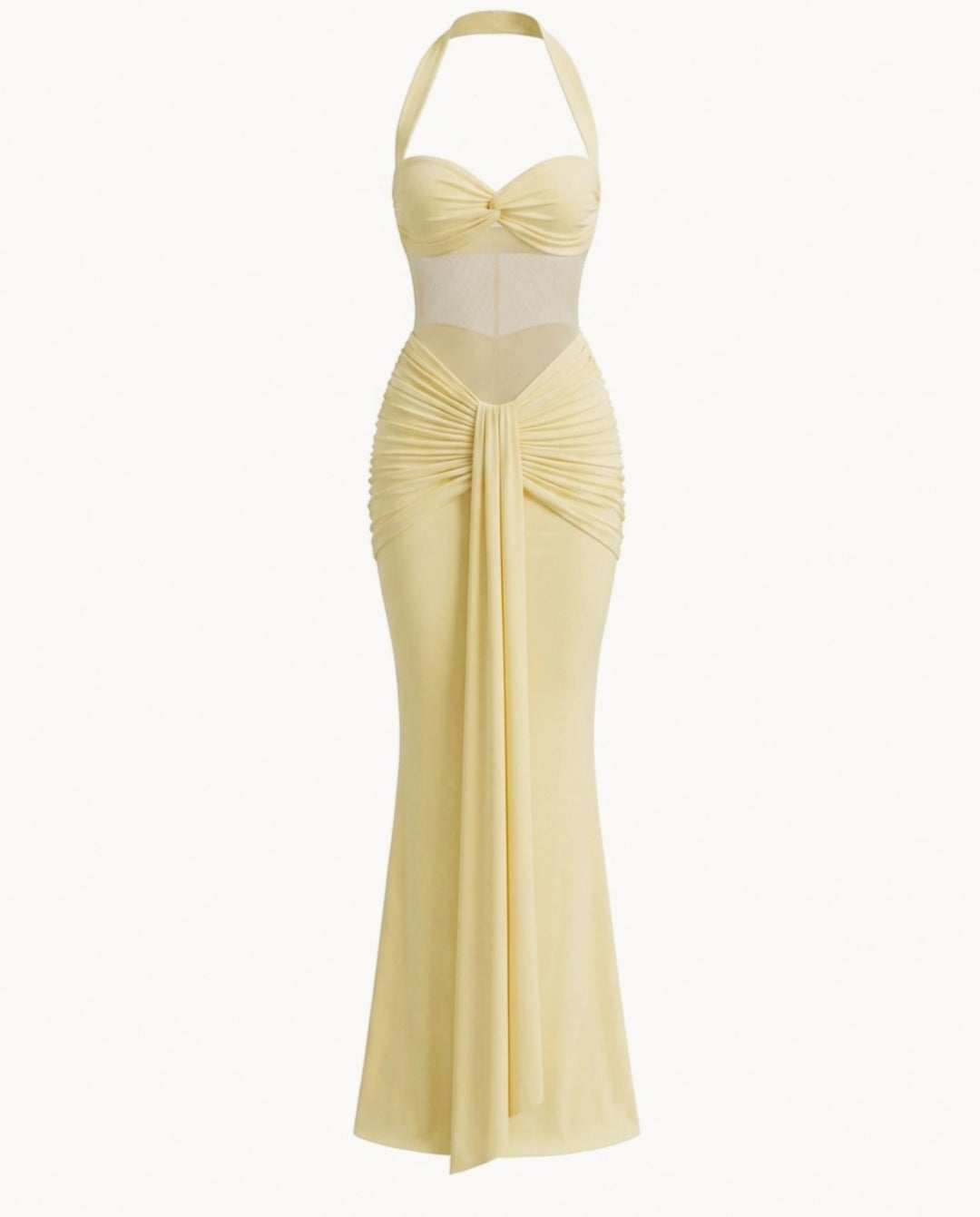 SOLACEYellow Halter Mesh Ruched Bodycon Maxi Dress
