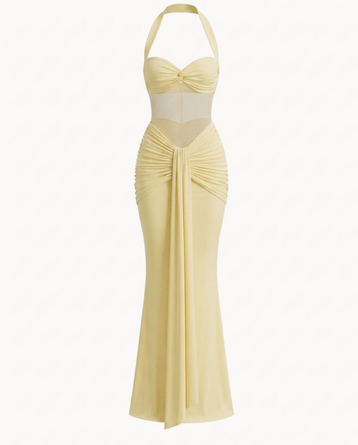 SOLACEYellow Halter Mesh Ruched Bodycon Maxi Dress
