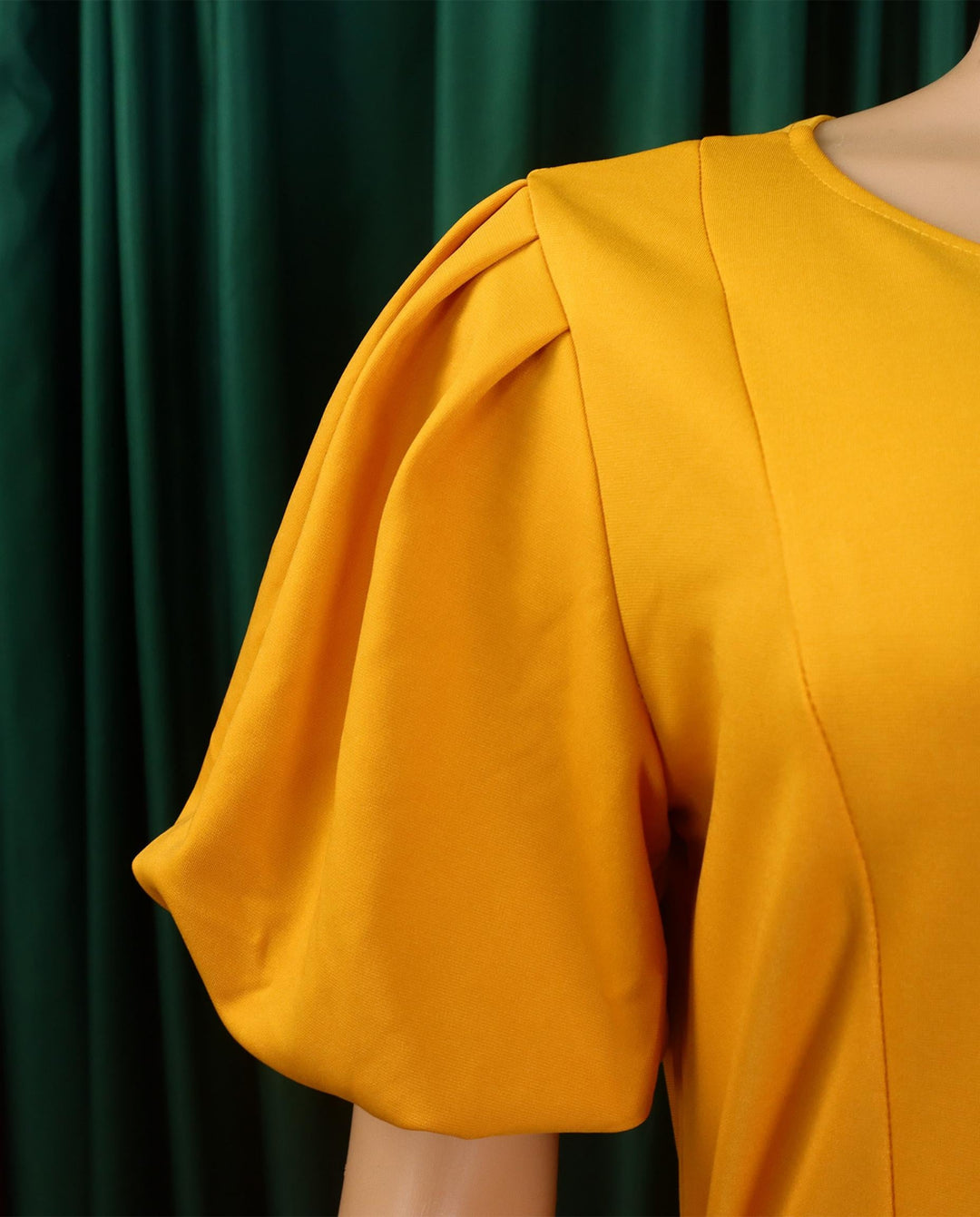 SOLACEYellow Puff Sleeve Round Neck Belted A-Line Midi Dress