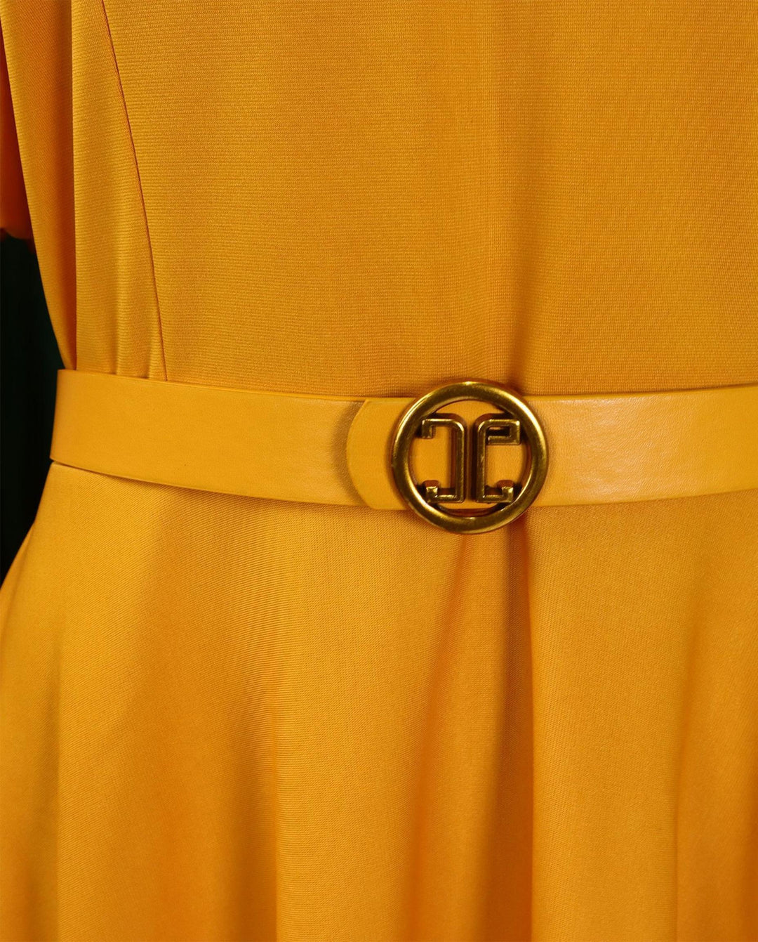 SOLACEYellow Puff Sleeve Round Neck Belted A-Line Midi Dress