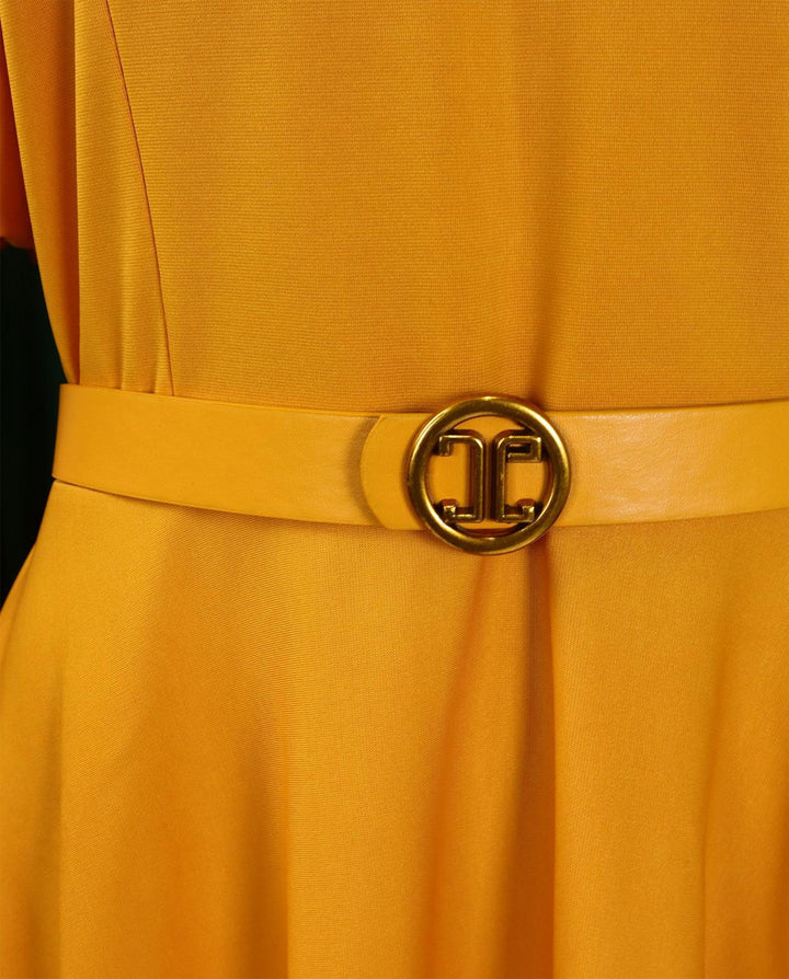SOLACEYellow Puff Sleeve Round Neck Belted A-Line Midi Dress