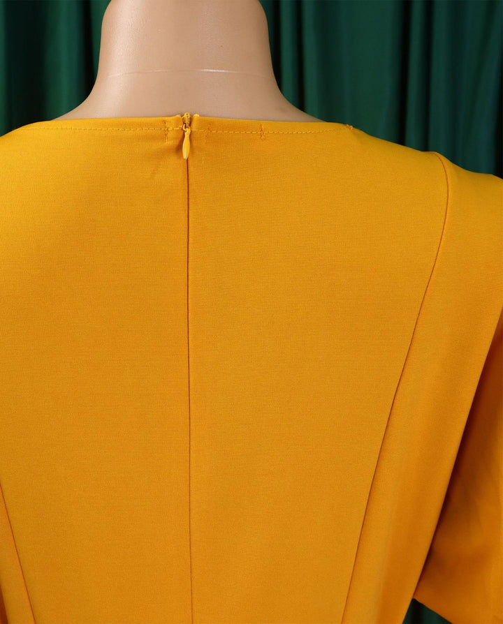 SOLACEYellow Puff Sleeve Round Neck Belted A-Line Midi Dress