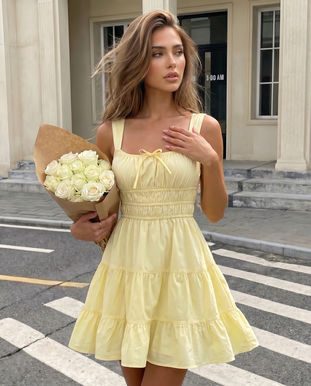 SOLACEYellow Square Neck Tiered Mini Dress