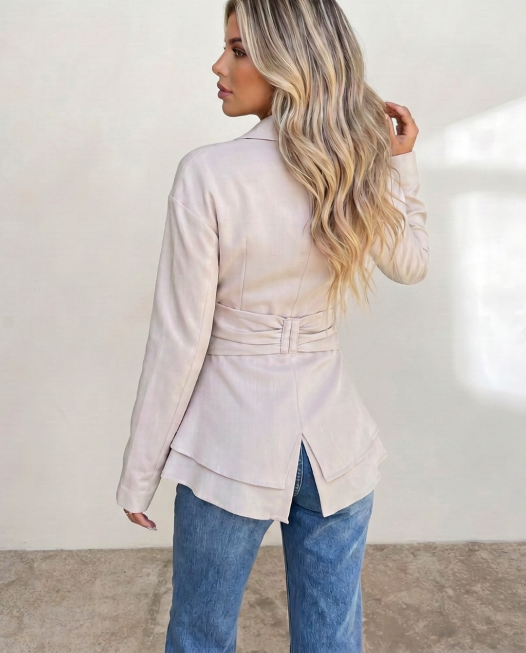 Collared Self‑Tie Waist Layered Hem Shirt