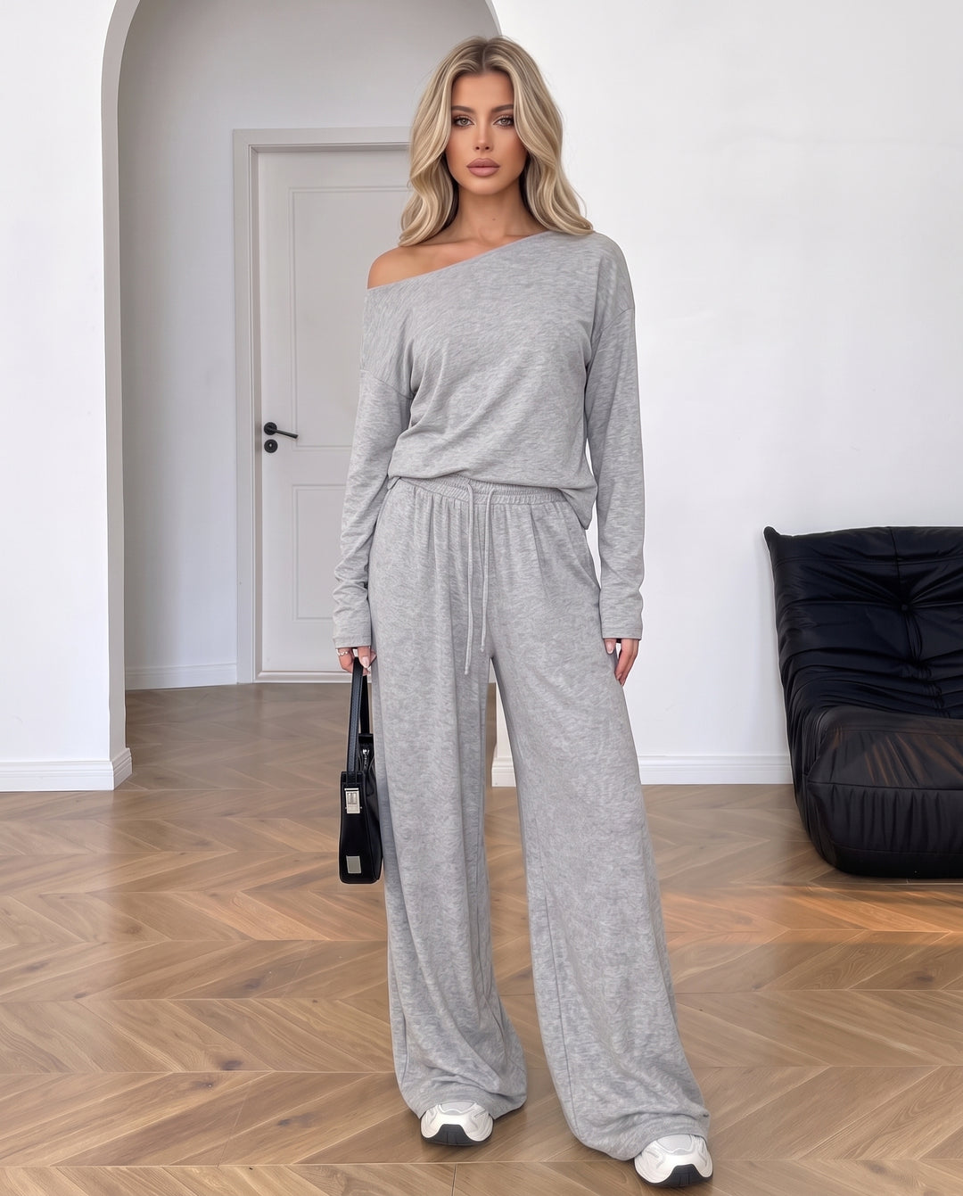 Off-Shoulder Loose Fit Soft Knit Two-Piece Loungewear Set