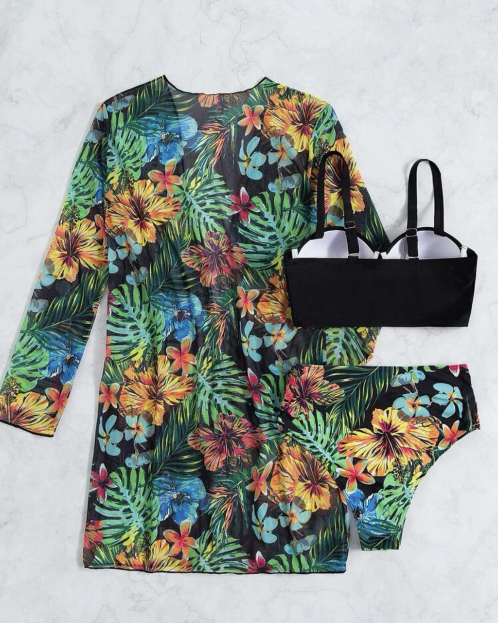 SOLACE  Black Bikini Top With Tropical Floral Bottoms And Kimono Cover Up Set 
