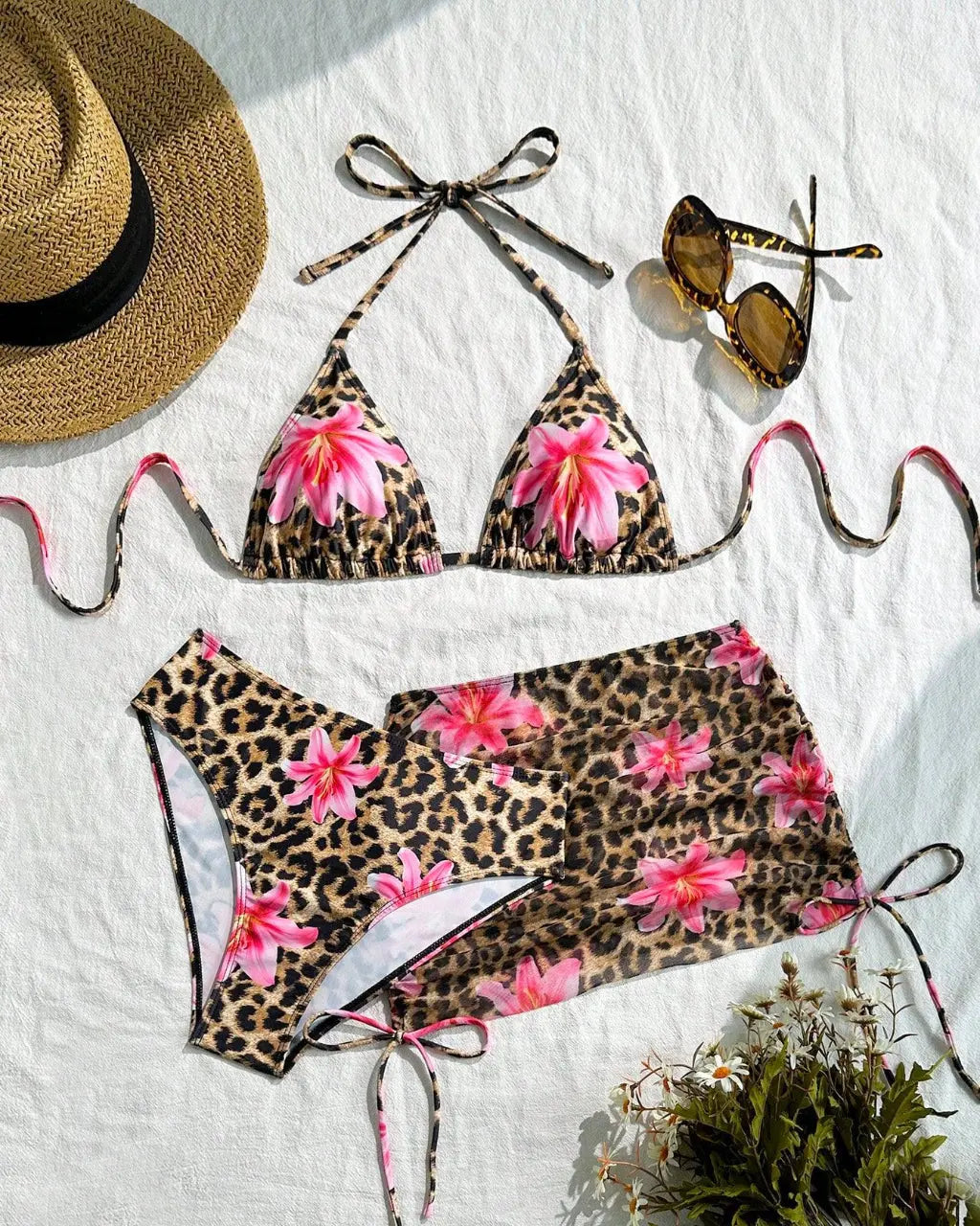Leopard And Pink Lily Print Bikini Set With Mini Cover Up Skirt SOLACE