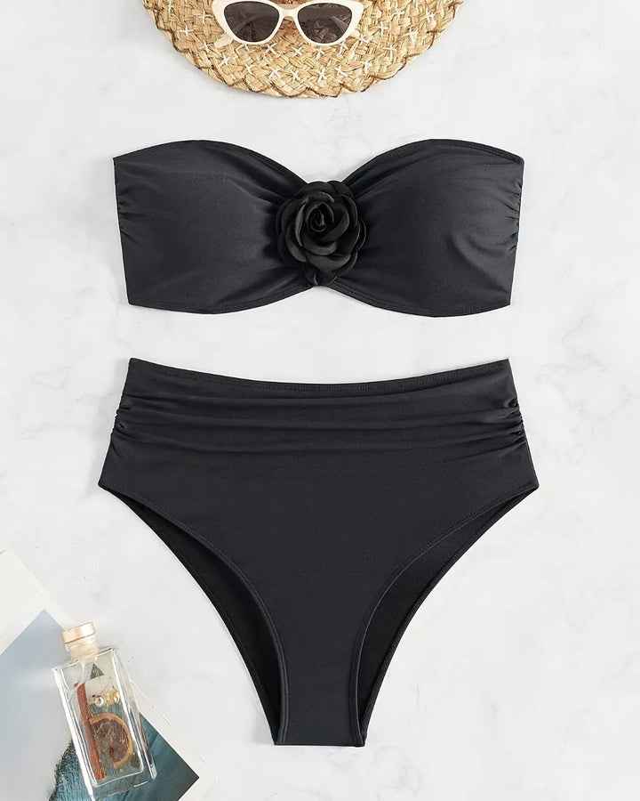 Black Strapless Bandeau Bikini Set With 3d Rose Applique SOLACE