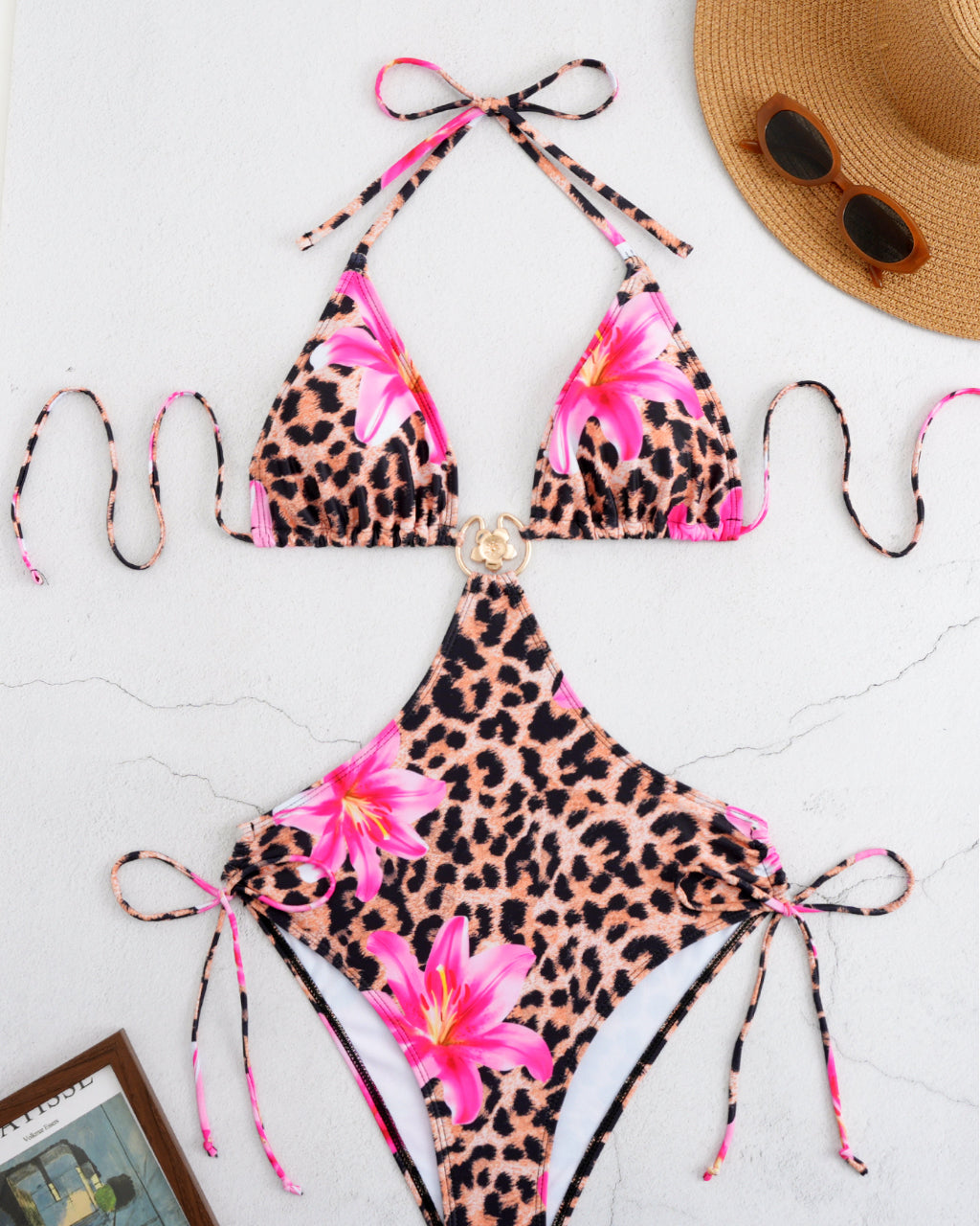 Leopard And Pink Cutout One-Piece Swimsuit With Gold Ring SOLACE