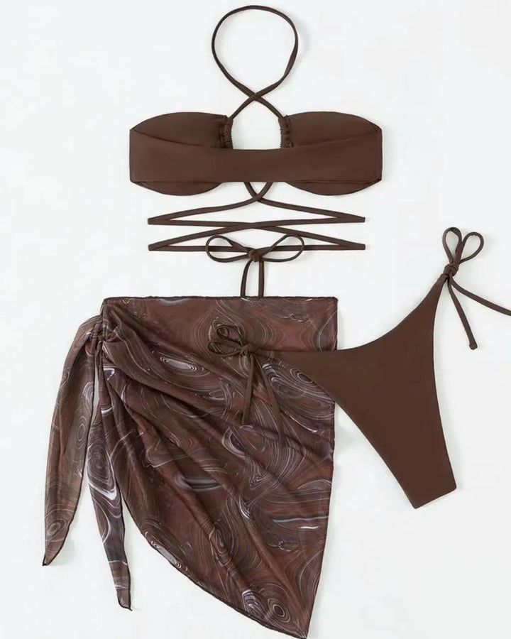 Crisscross Halter Bikini Set With Marbled Wrap Cover Up SOLACE