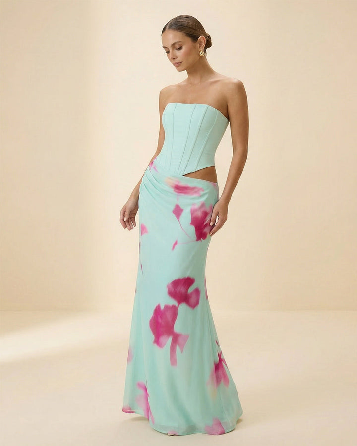 SOLACE  Floral Print Strapless Corset Side Cutout Maxi Dress 
