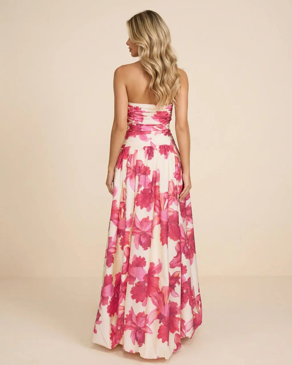 Pink Floral Strapless Ruched High Slit Maxi Dress SOLACE