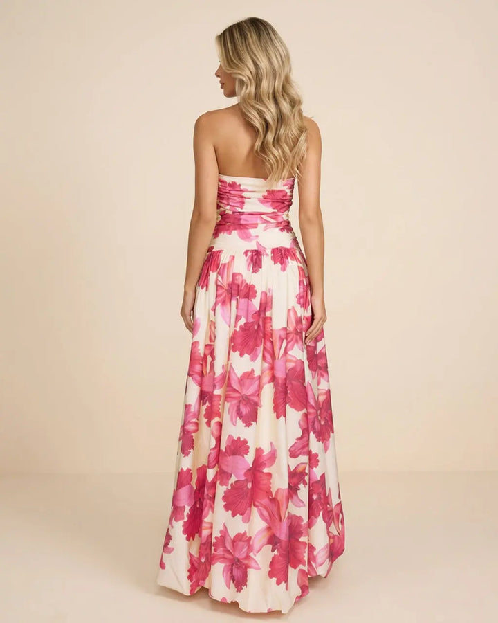 Pink Floral Strapless Ruched High Slit Maxi Dress SOLACE