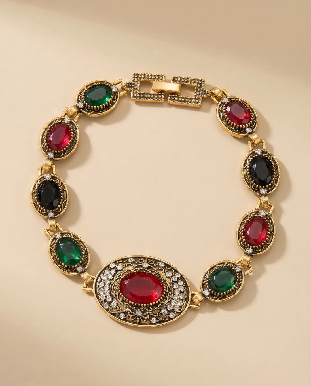 SOLACE  Antique Gold Multi-Gem Statement Bracelet 