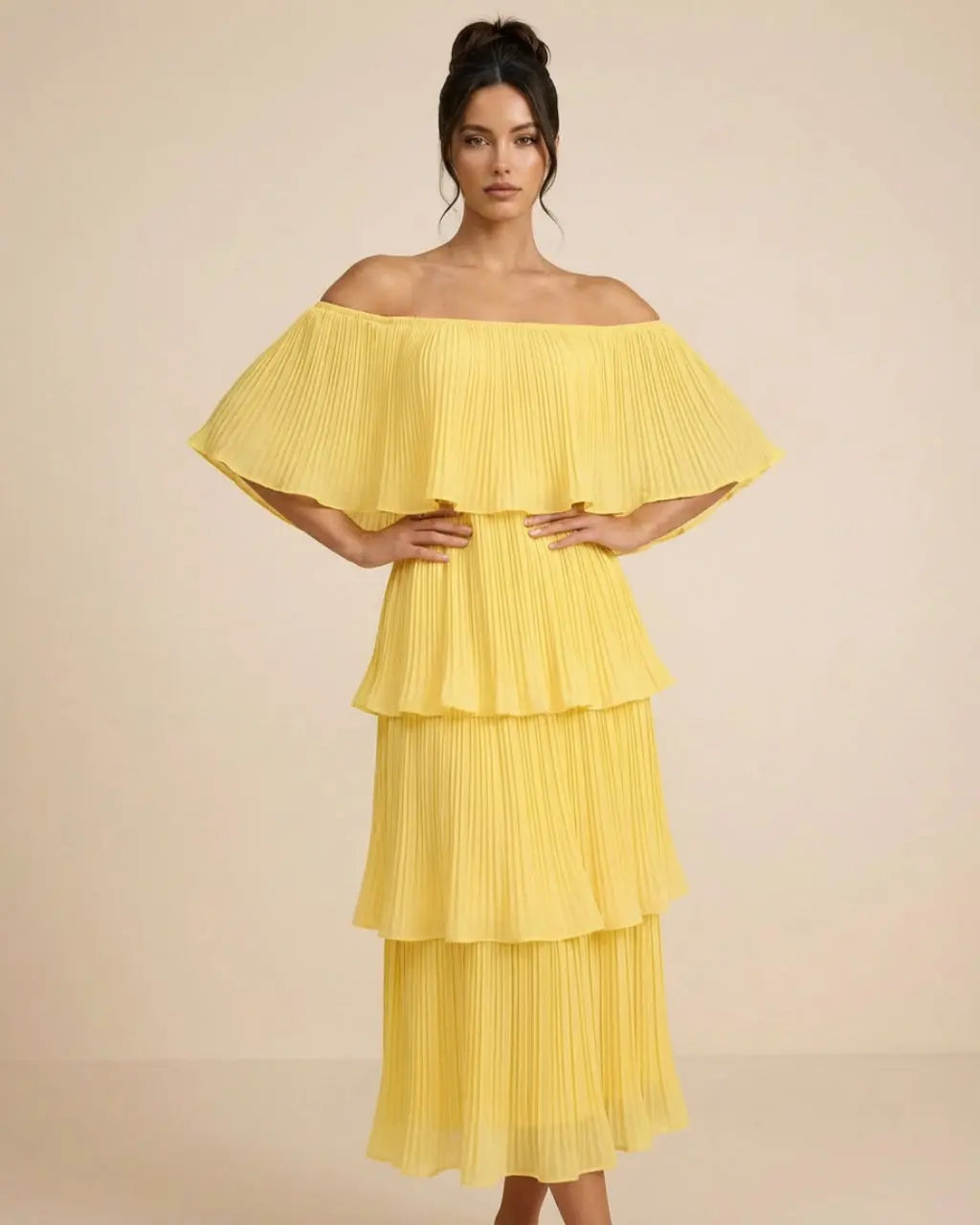 SOLACE  Yellow Tiered Pleated Off Shoulder Regular Fit Midi Dress 
