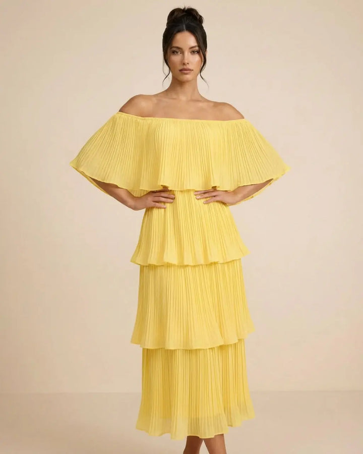 SOLACE  Yellow Tiered Pleated Off Shoulder Regular Fit Midi Dress 