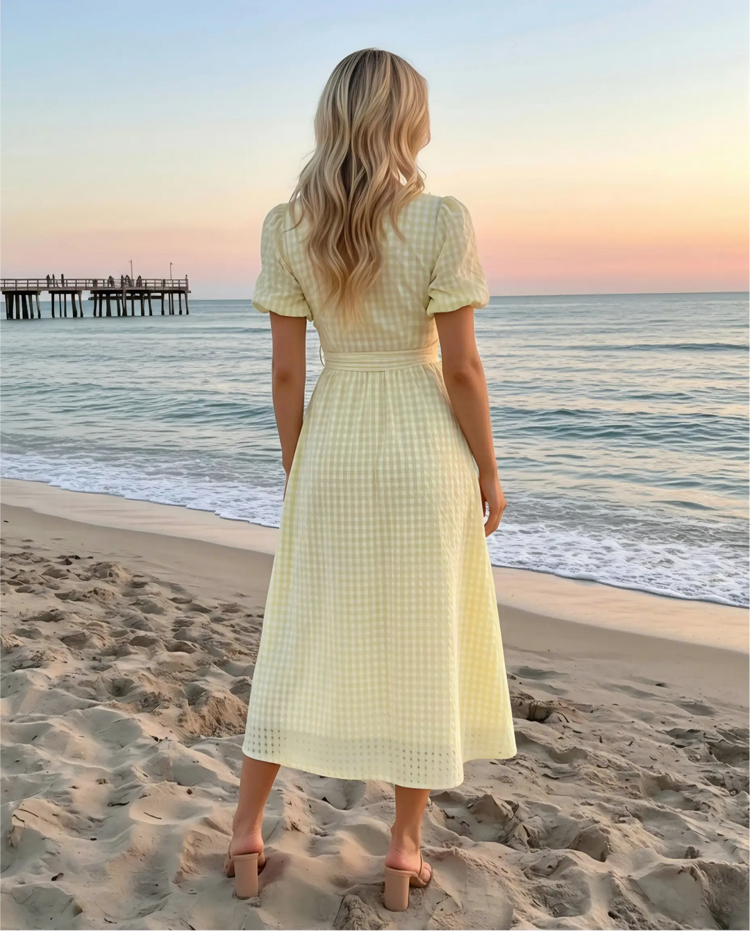 SOLACE  Yellow Gingham Print Puff Sleeve V-Neck Midi Dress 