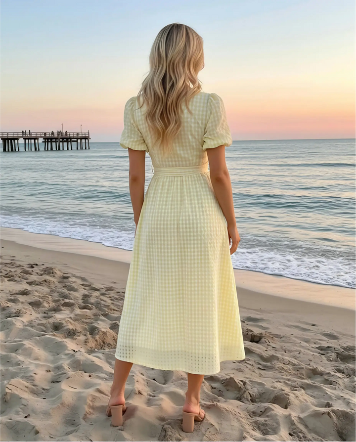 SOLACE  Yellow Gingham Print Puff Sleeve V-Neck Midi Dress 