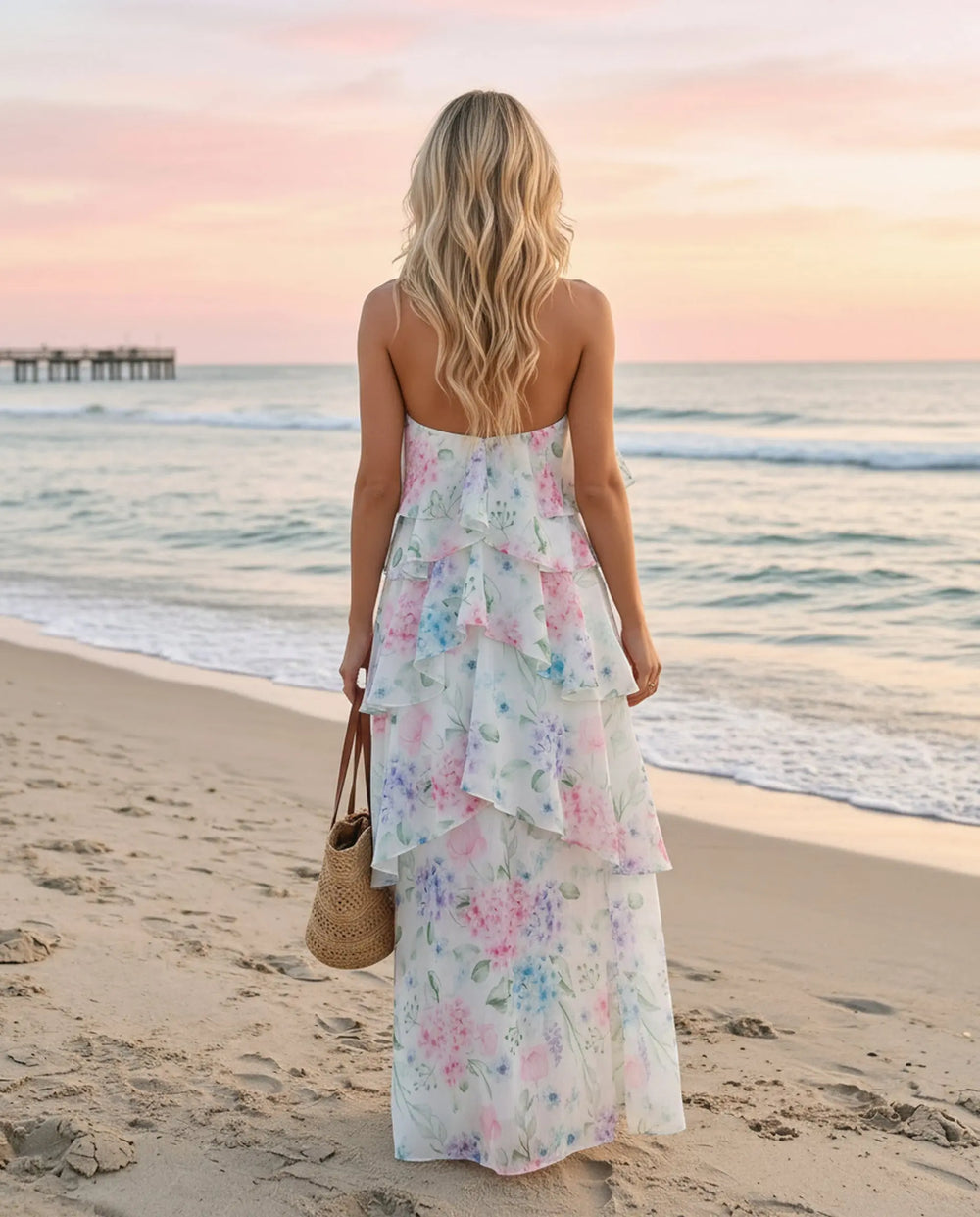 SOLACE  White Floral Print Halter Tiered Chiffon Maxi Dress 