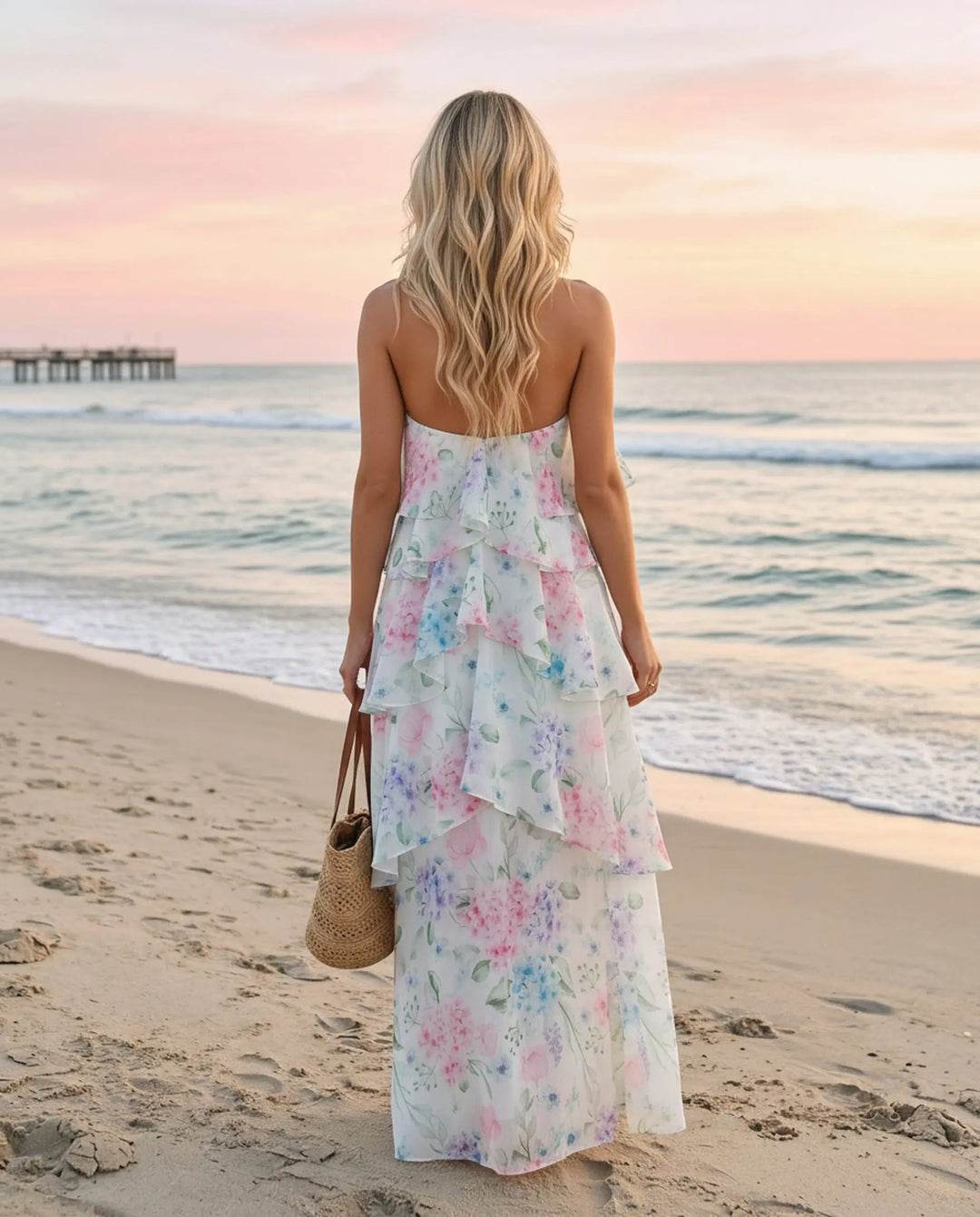 SOLACE  White Floral Print Halter Tiered Chiffon Maxi Dress 