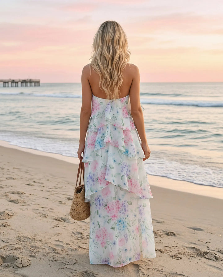 SOLACE  White Floral Print Halter Tiered Chiffon Maxi Dress 