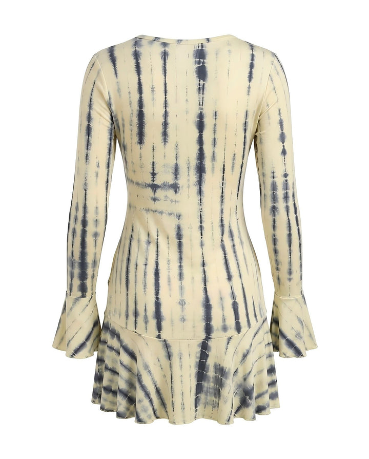 Tie-Dye Long Sleeve Flounce Cuff Ruffle Hem Mini Dress