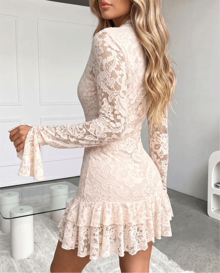 SOLACESheer Low-Cut Lace Flared Sleeves Ruffles Mini Dress