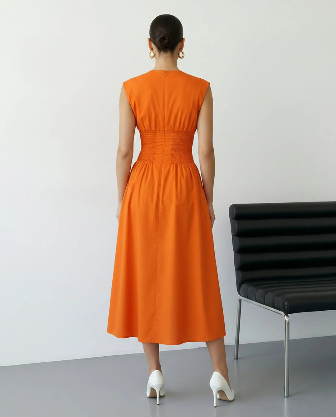 SOLACE  Orange V Neck Sleeveless Smocked Waist Midi Dress 