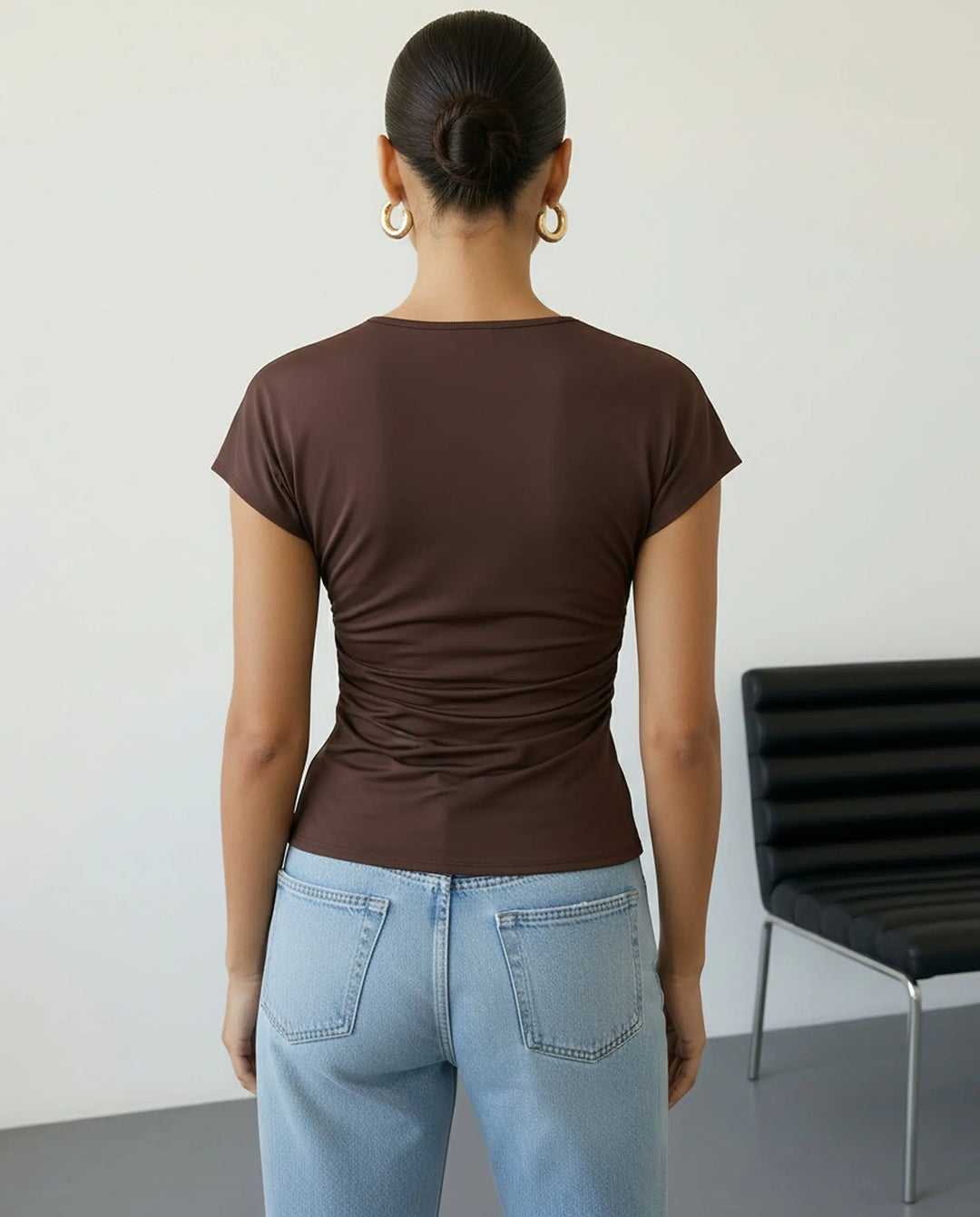 SOLACE  Brown Ruched Side Short Sleeve T-Shirt 