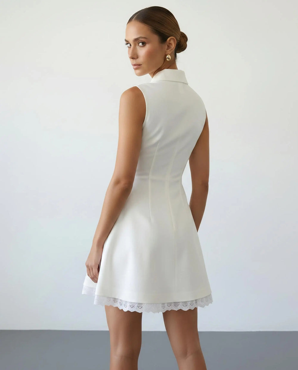 SOLACE  White Collared Gold Button Lace Trim Sleeveless Mini Dress 