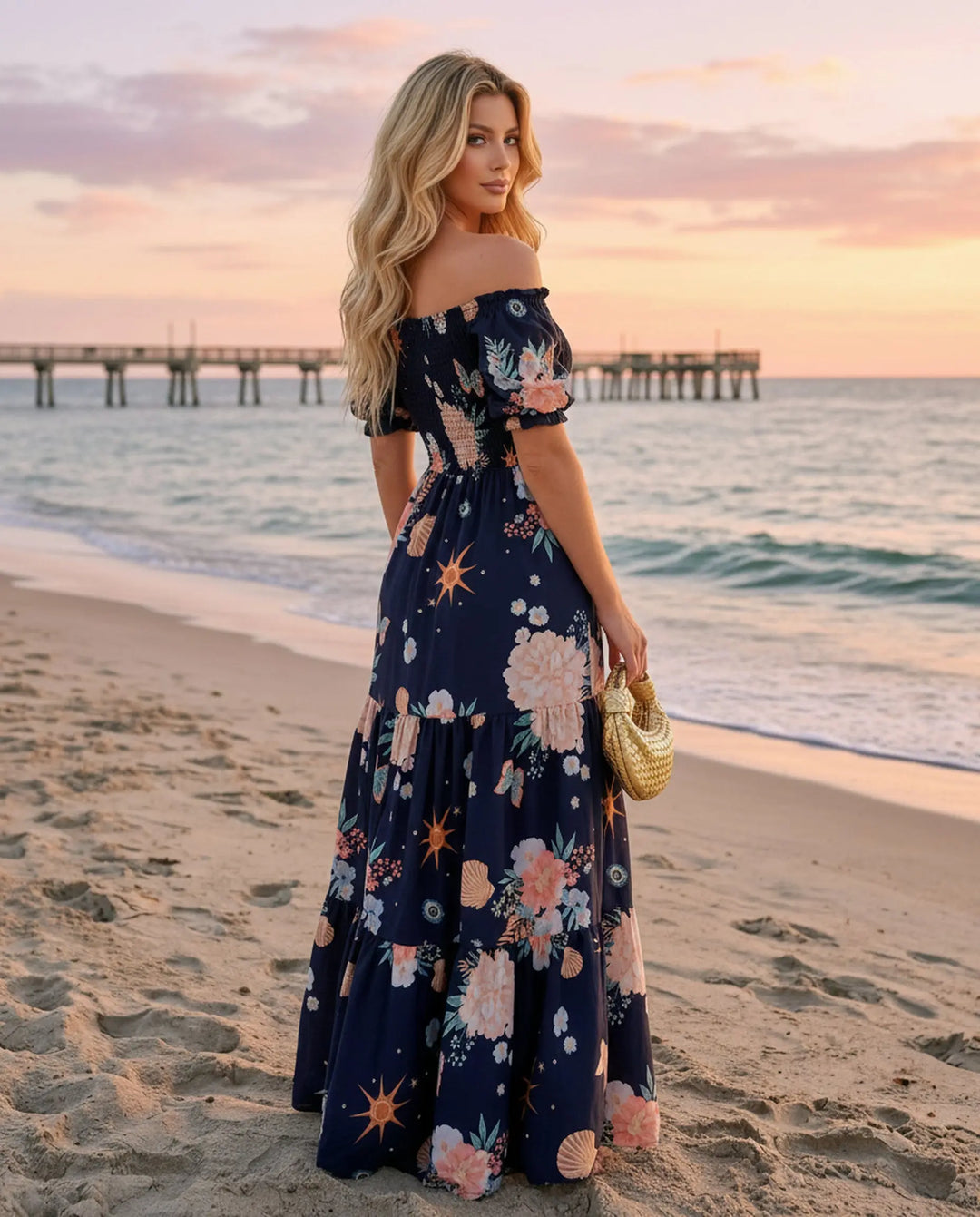 SOLACE  Navy Blue Floral Print Off-Shoulder Tiered Maxi Dress 