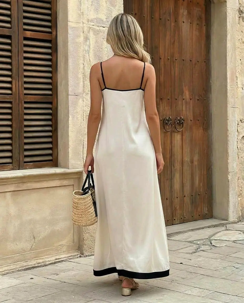 SOLACE  White Contrast Trim V-Neck Sleeveless Maxi Dress 
