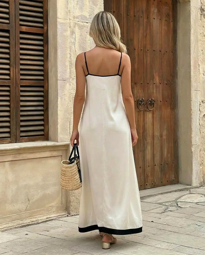 SOLACE  White Contrast Trim V-Neck Sleeveless Maxi Dress 