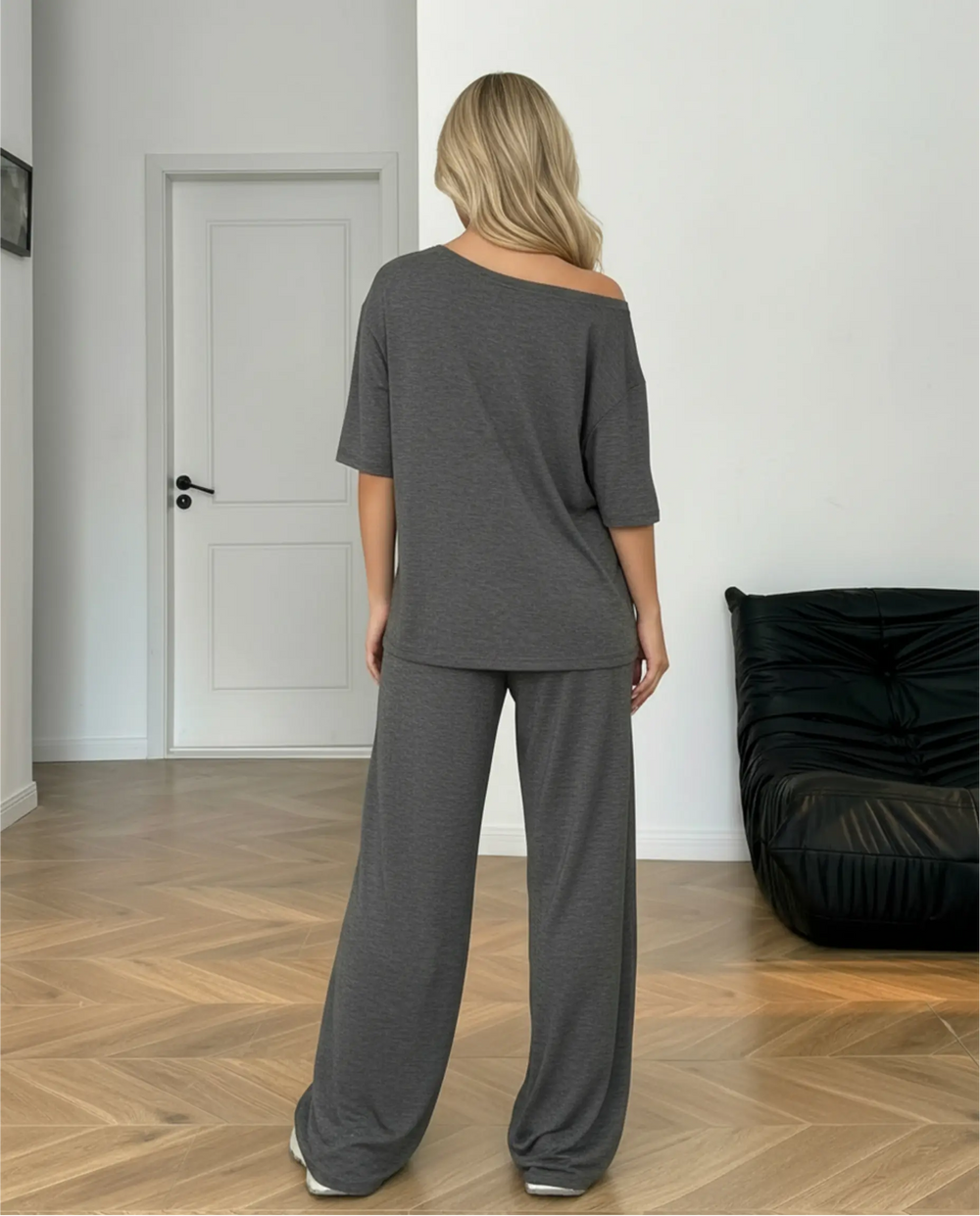 SOLACE  Dark Gray Off-Shoulder Casual Two-Piece Set 