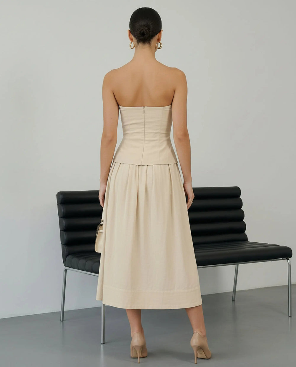 SOLACE  Beige Strapless Peplum Top Midi Skirt Two-Piece Dress 