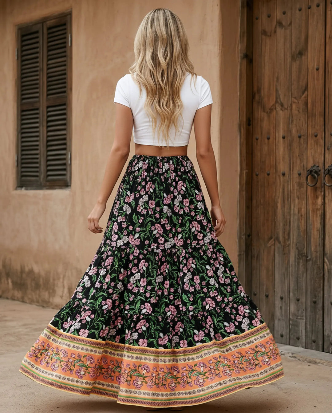 SOLACE  Boho Black Floral High Waist Tiered Maxi Skirt 