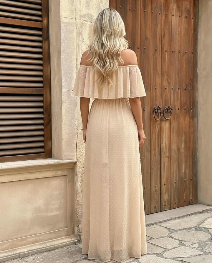 SOLACE  Apricot Swiss Dot Off Shoulder High Slit Maxi Dress 