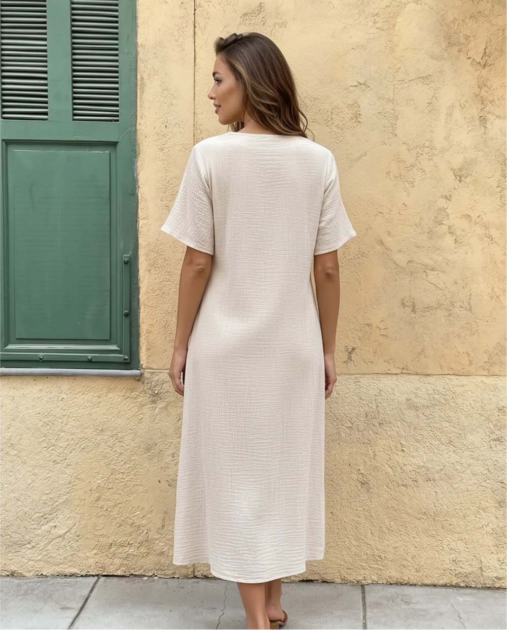 SOLACE  Beige Cotton Embroidery Neckline Midi Dress 