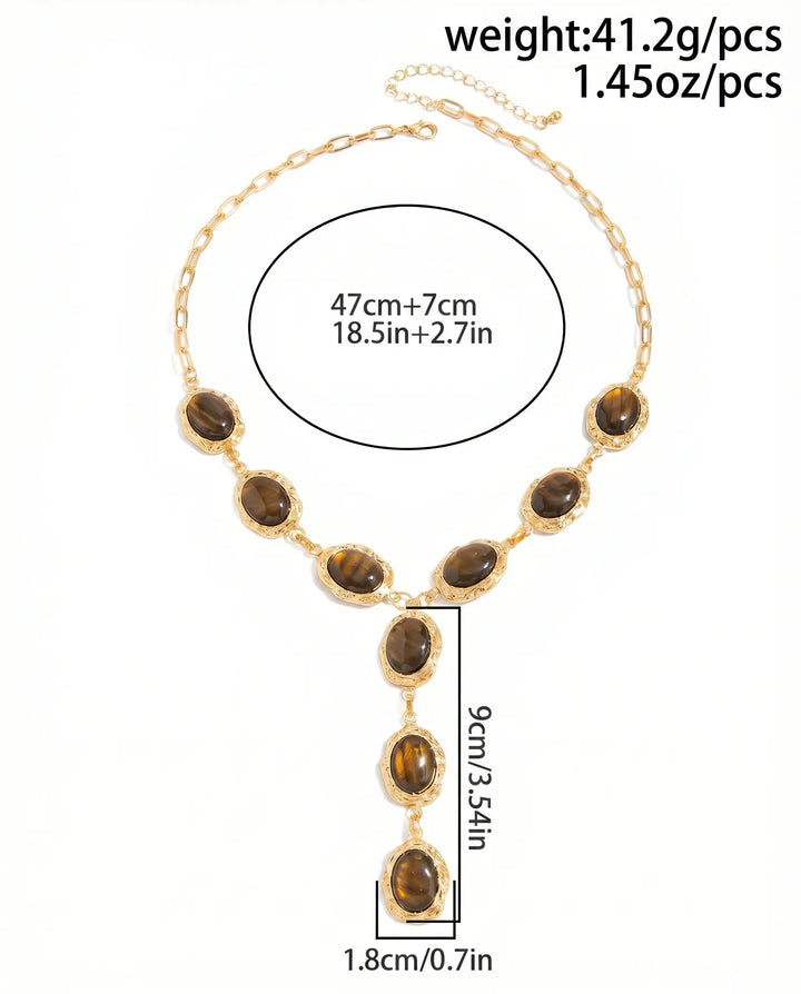 SOLACE  Gold Tone Tiger Eye Y Drop Textured Frame Alloy Necklace 