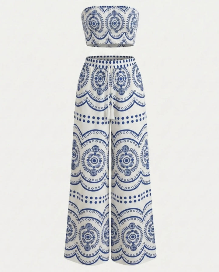 Boho Print Smocked Tube Top High Waist Wide Leg Pants Set