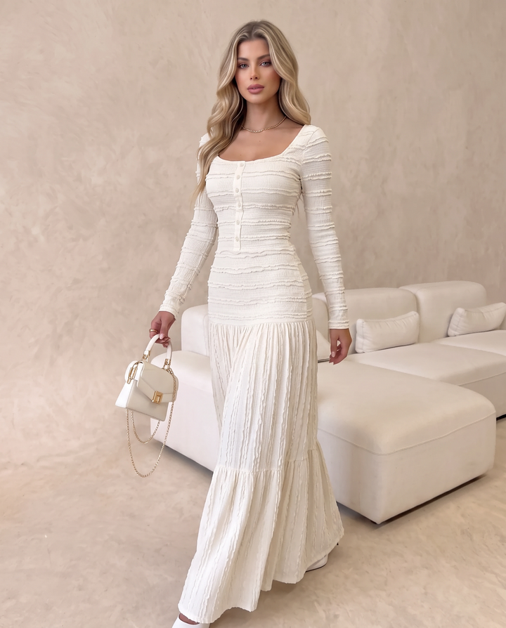 Textured Square Neck Long Sleeve Tiered Maxi Dress