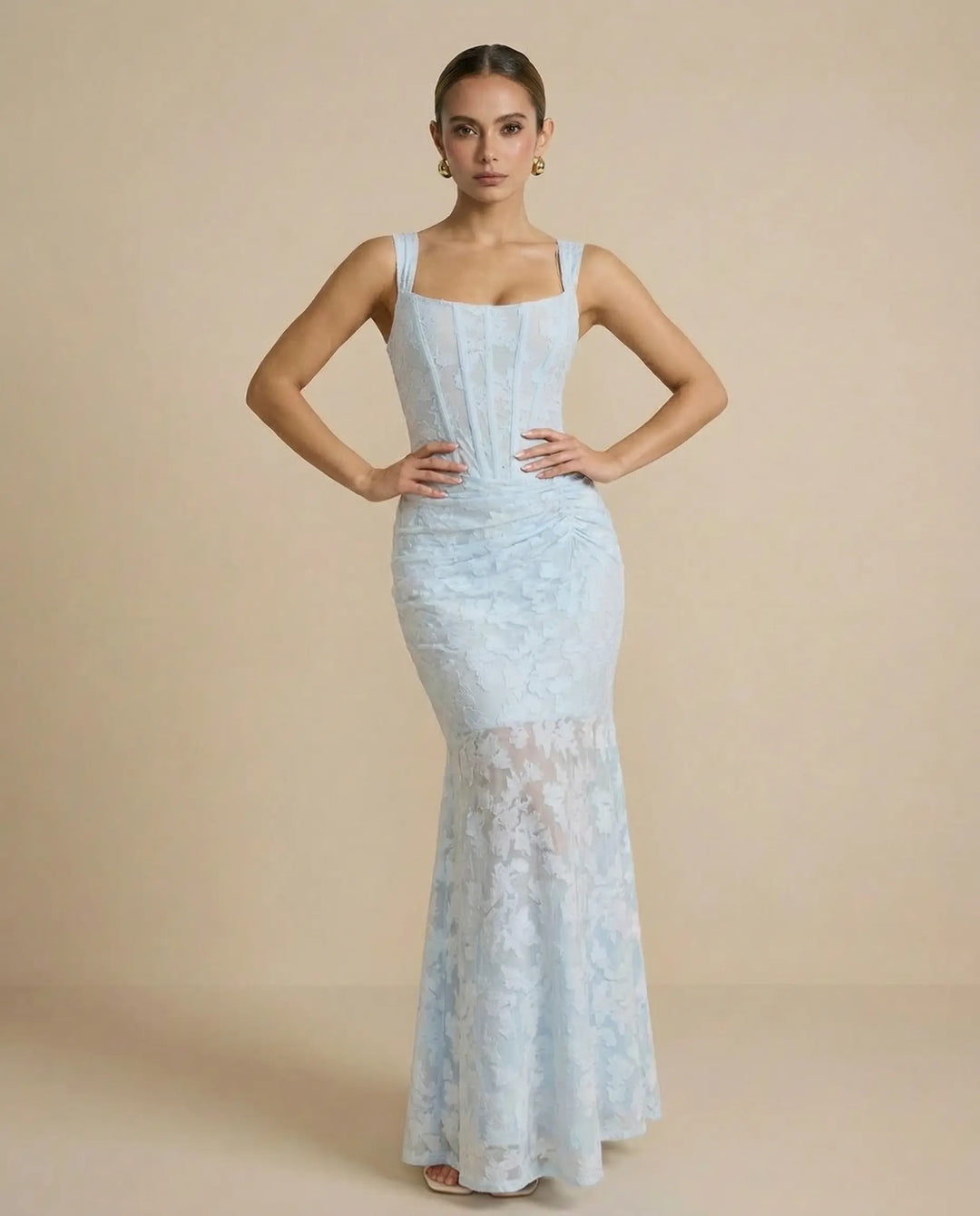 SOLACE  Baby Blue Elegant Floral Lace Fitted Maxi Dress 