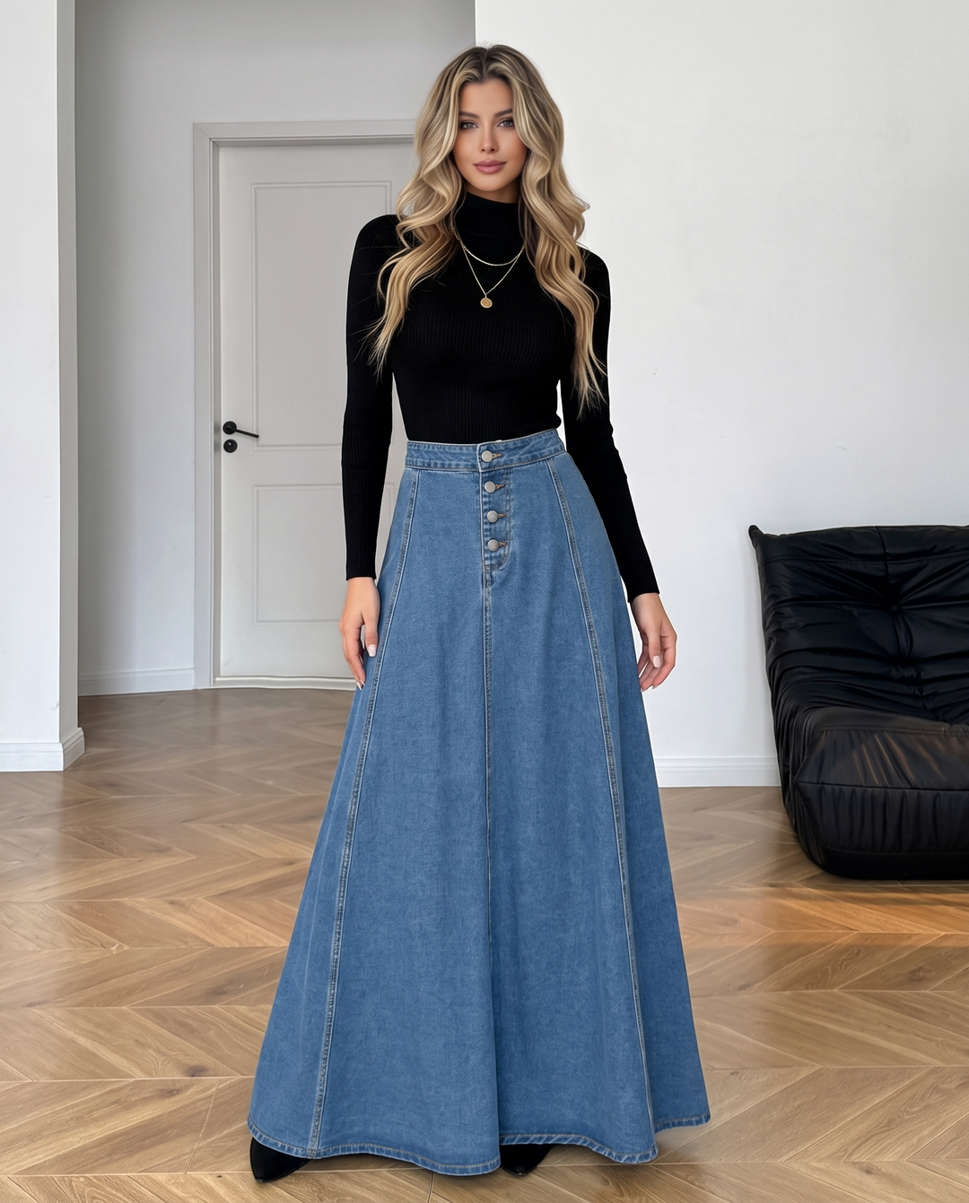 High Waist Button Flared Maxi Denim Skirt